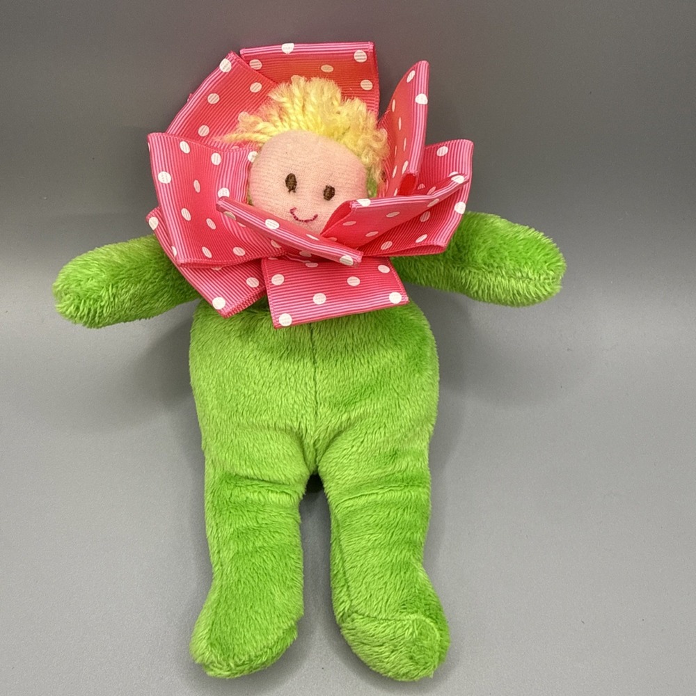 Mudpie 7" Lovey Security Plush Rattle Flower Green Pink White Dot Blonde Girl